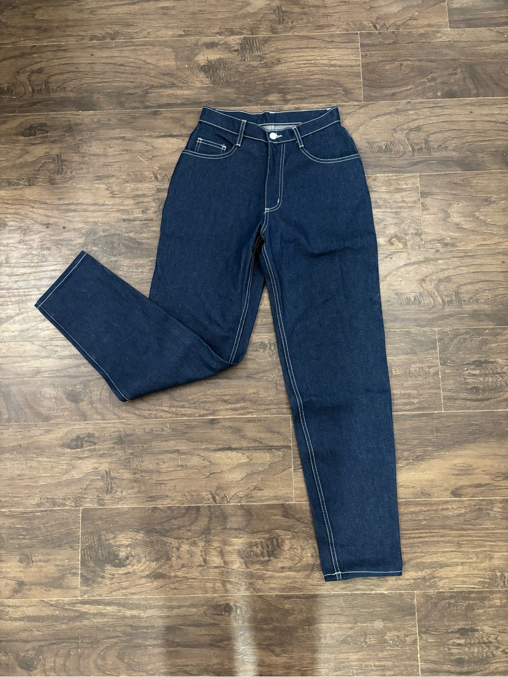 Women's Straight Leg Dark Blue Jeans with Contrast Stitching
